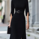 Audrey | Black Midi Dress with Waist Belt