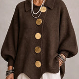 Cacao | Oversized Ribbed Cardigan with Scalloped Hem