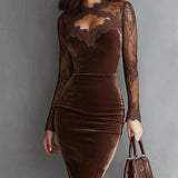 Celestial | Chocolate Velvet Mini Dress with Lace Sleeves