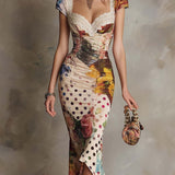 Celestina | Abito Midi Patchwork Arricciato Scollo Cuore