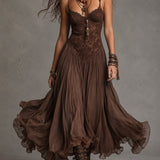 Celestine | Dark Brown Lace-Paneled Chiffon Maxi Dress