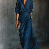 Indira | Crinkled Navy Wrap Maxi Dress Set