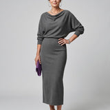 Isadora | Abito Midi Scollo Drappeggiato Manica Lunga