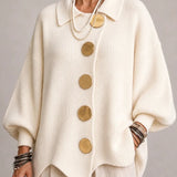 Ivory | Oversized Ribbed Cardigan with Scalloped Hem
