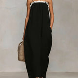 Lisette | Black Maxi Dress with White Ruffle Trim