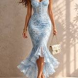 Marisol | Blue Floral Midi Dress with Lace Trim