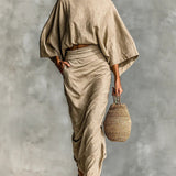 Marlene | Khaki Two-Piece Dress with Batwing Sleeves
