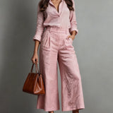 Marletta | Collared Button Shirt and High-Waist Wide-Leg Pant Set