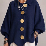 Meredith | Navy Ribbed Cardigan with Scalloped Trim