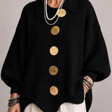 Ondine | Oversized Black Cardigan with Scalloped Hem