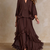 Semira | Chocolate Chiffon Maxi Dress with Diagonal Ruffle Skirt