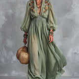 Solstice | Sage Maxi Dress with Floral Shoulder Embroidery