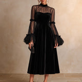 Venetine | Black Velvet Midi Dress with Tulle Sleeves