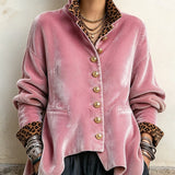 Vesalia | Pink Velvet Blazer with Leopard Print Collar