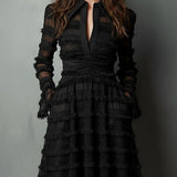 Vesaline | Black Mini Dress with Deep V-Neckline and Fringe Details