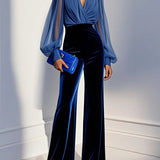 Vesaline | Midnight Blue Velvet Jumpsuit with Sheer Sleeves