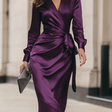 Vesper | Deep Plum Satin Wrap Midi Dress