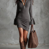Vesper | Gray Suede-Effect Zip Neck Dress
