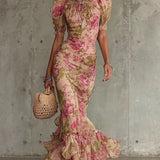 Violetta | Vintage Rose Maxi Dress with Tiered Ruffle Hem